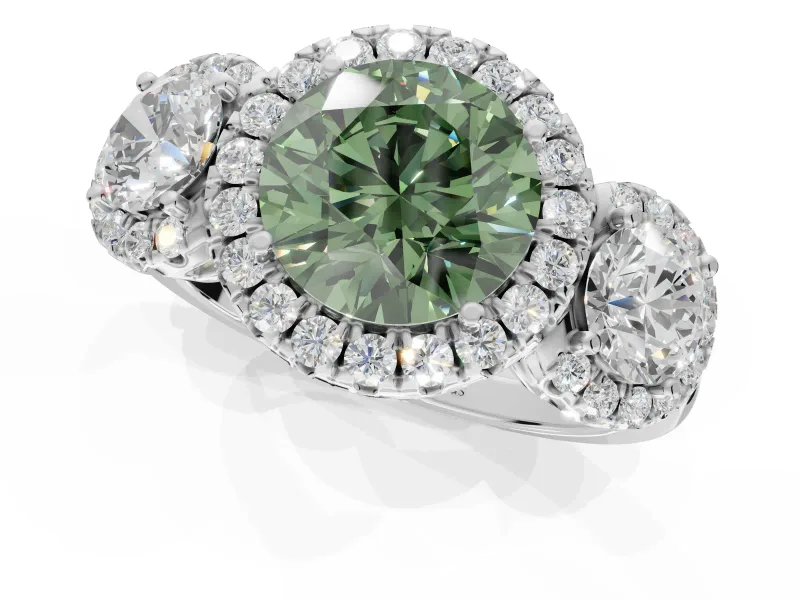 Round Three Stone Halo Engagement Ring Setting for a Fancy Green Lab-Grown Diamond | Platinum