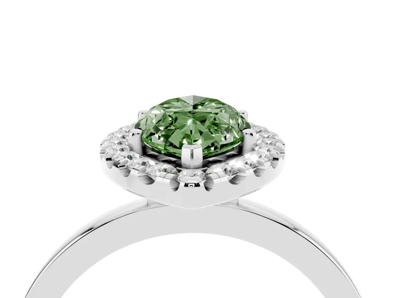 Fancy Green Marquise Cut Diamond Halo Solitaire Ring Set in White gold with Pavé Band and Prong Setting