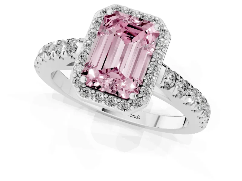 Emerald Cut Halo Pavé Engagement Ring Setting for a Fancy Pink Lab-Grown Diamond | Platinum