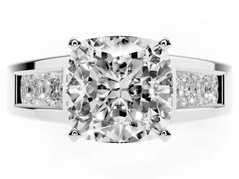 Cushion Cut Channel-Set Engagement Ring Setting | Princess Side Stones | Sterling Silver