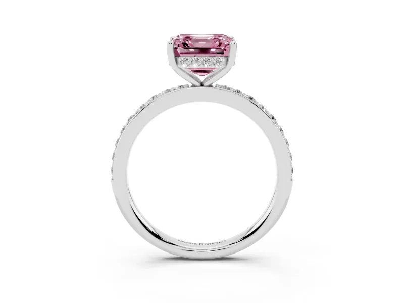 Fancy Pink Asscher Cut Diamond Pavé Band Ring Set in White gold with Prong-Set Center Stone