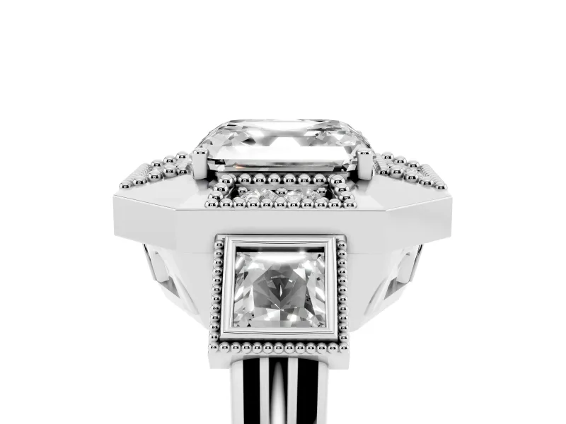 Asscher Cut Diamond Milgrain Halo Ring Set in White gold with Split Shank