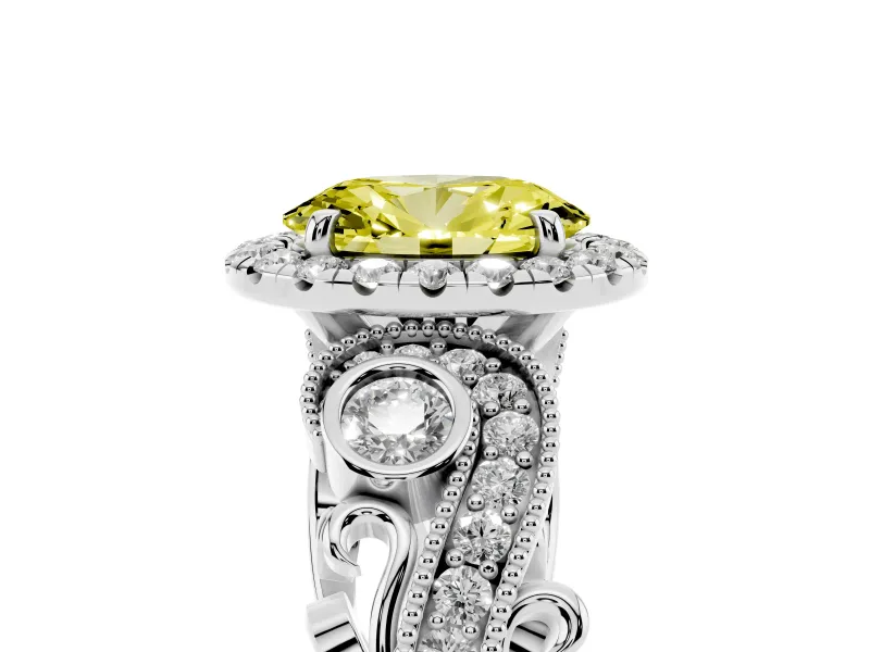 Fancy Yellow Oval Cut Diamond Halo Ring Set in Silver with Milgrain Pavé Band and Prong Setting
