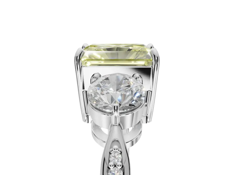 Radiant Cut Three Stone Engagement Ring Setting for a Fancy Yellow Lab-Grown Diamond | Tapered Pave Band | Platinum