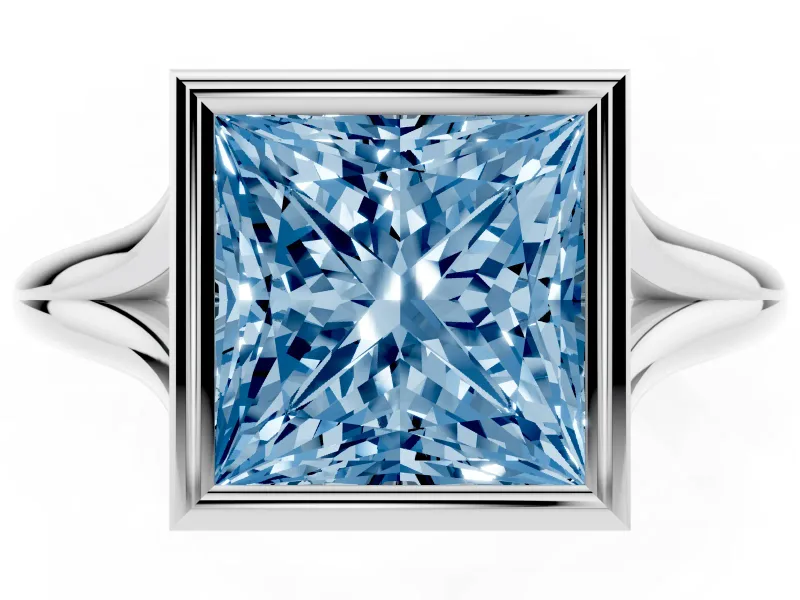 Fancy Blue Bezel Set Princess Cut Diamond Solitaire Ring Set in Platinum with Tapered Band