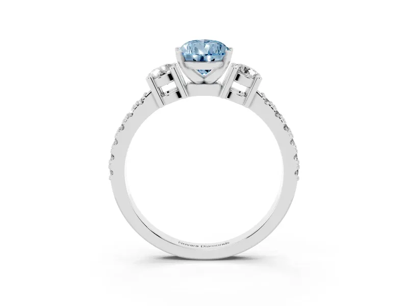 Fancy Blue Three-Stone Pear Cut Diamond Pavé Band Ring Set in White gold with Prong Setting