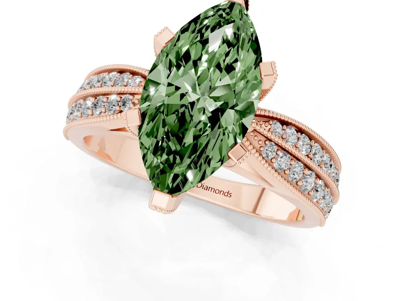 Fancy Green Marquise Cut Diamond Solitaire Ring Set in Rose gold with Milgrain Double Row Round Pavé Band