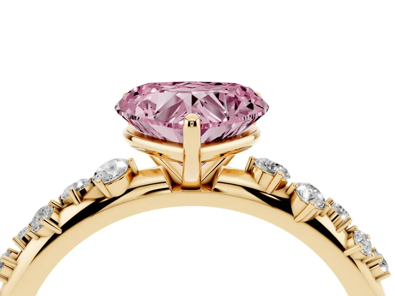 Fancy Pink Heart Cut Diamond Cluster Solitaire Ring Set in Yellow gold with Prong Setting