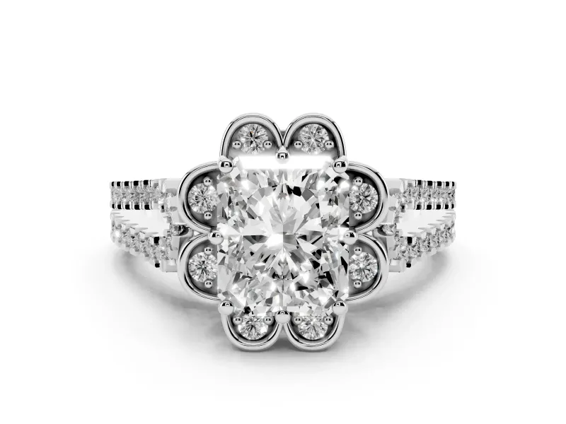 Radiant Cut Diamond Floral Halo Split Shank Engagement Ring Set in White gold with Pavé Shank