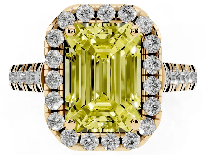 Emerald Cut Accented Halo Engagement Ring Setting for a Fancy Yellow Lab-Grown Diamond | Yellow Gold