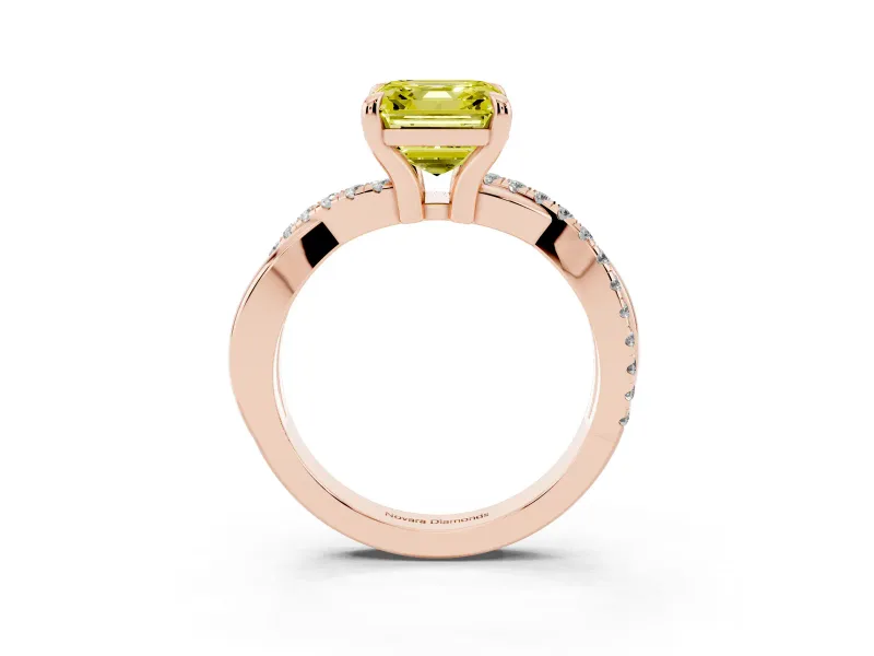 Fancy Yellow Asscher Cut Diamond Twist Band Solitaire Set in Rose gold with Pavé Accents and Prong Setting