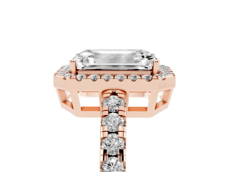 Emerald Cut Diamond Halo Ring Set in Rose gold with Delicate Pavé Band and Prong Setting