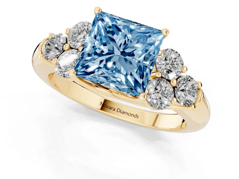 Princess Cut Side Stone Engagement Ring Setting for a Fancy Blue Lab-Grown Diamond | Yellow Gold