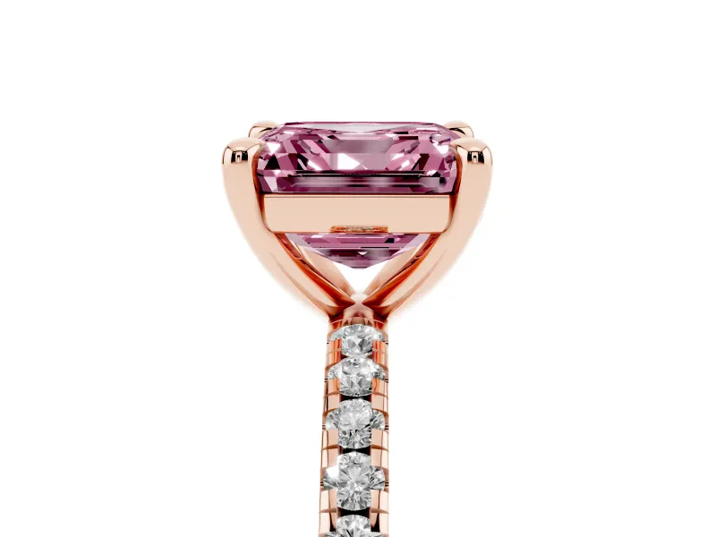 Fancy Pink Asscher Cut Diamond Brilliant Solitaire Ring Set in Rose gold with Pavé Band and Prong Setting