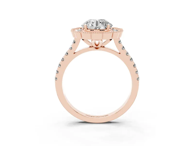 Round Cut Diamond Milgrain Floral Halo Engagement Ring Set in Rose gold with Pavé Band