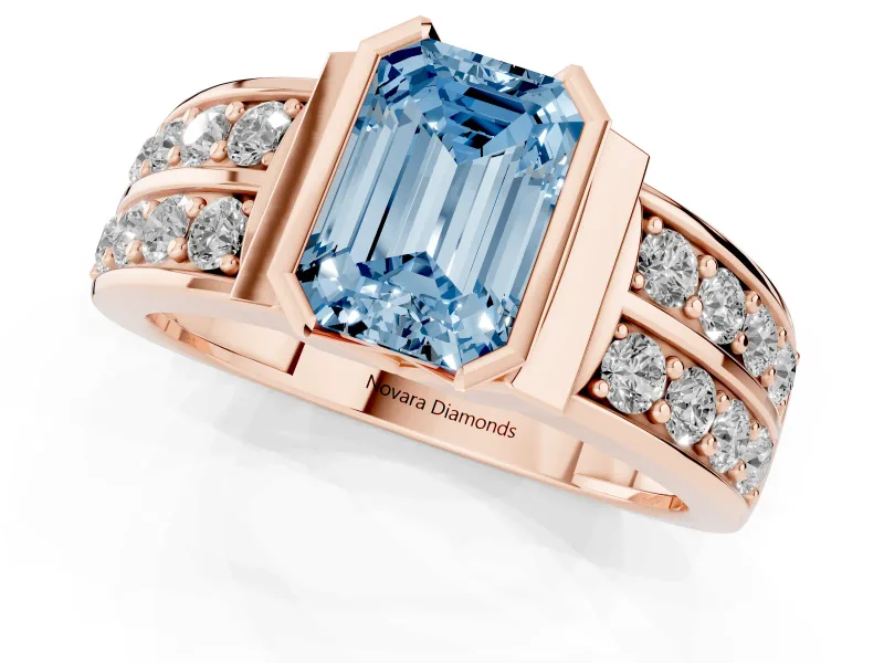 Emerald Cut Half Bezel Engagement Ring Setting for a Fancy Blue Lab-Grown Diamond | Double Row Channel Band | Rose Gold