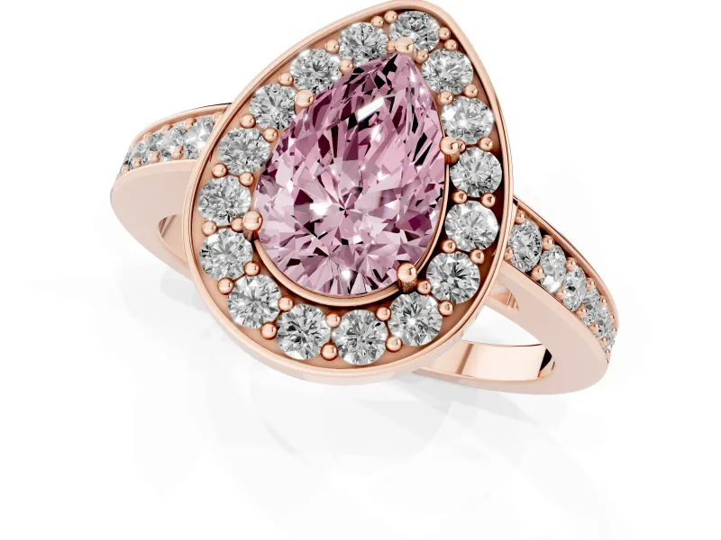 Fancy Pink Pear Cut Diamond Halo Pavé Engagement Ring Set in Rose gold with Bezel Setting