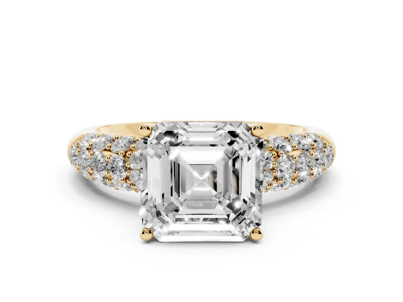Asscher Cut Diamond Pavé Band Solitaire Ring Set in Yellow gold with Close-Set Accent Stones and Prong Setting