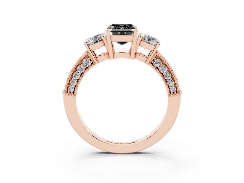 Fancy Black Emerald Cut Diamond Three-Stone Ring Set in Rose gold with Round Side Stones and Pavé Band