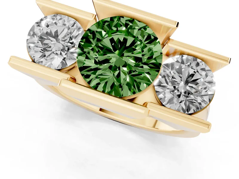Fancy Green Round Cut Diamond Three-Stone Channel Set Ring Set in Yellow gold with Smooth Polished Band