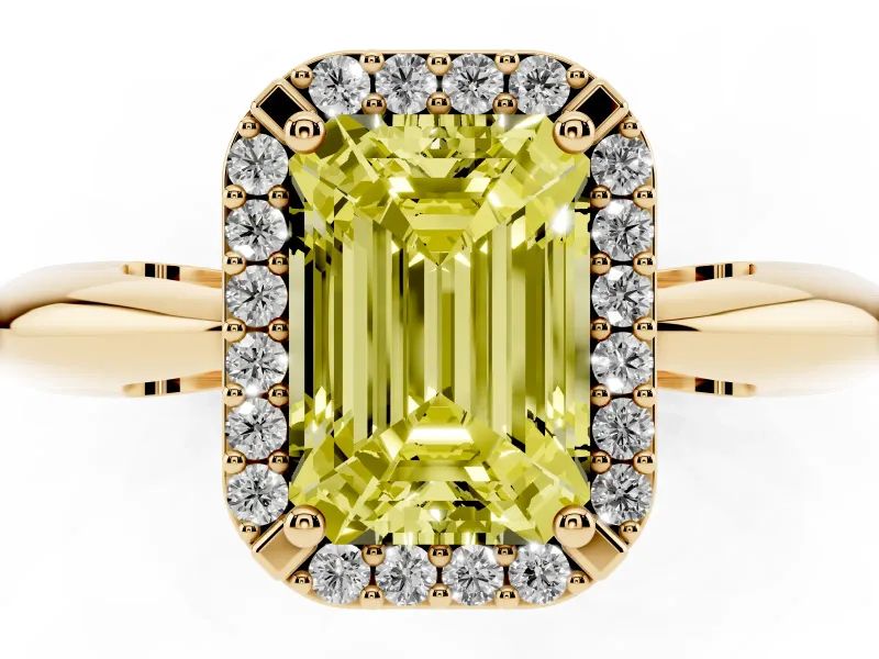 Fancy Yellow Emerald Cut Diamond Halo Engagement Ring Set in Yellow gold with Plain Split Shank and Prong Setting