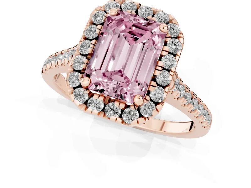 Fancy Pink Emerald Cut Diamond Cushion Halo Ring Set in Rose gold with Pavé Band