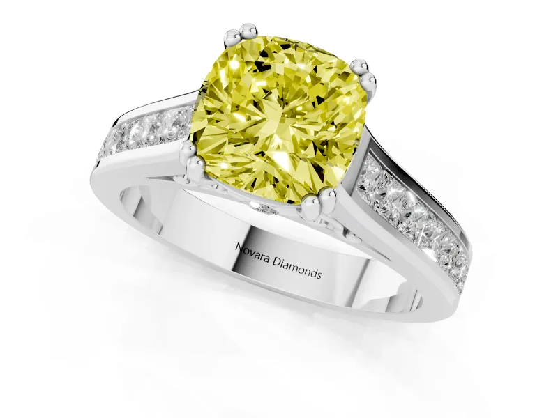 Cushion Cut Channel Engagement Ring Setting for a Fancy Yellow Lab-Grown Diamond | White Gold - Design NV-24671