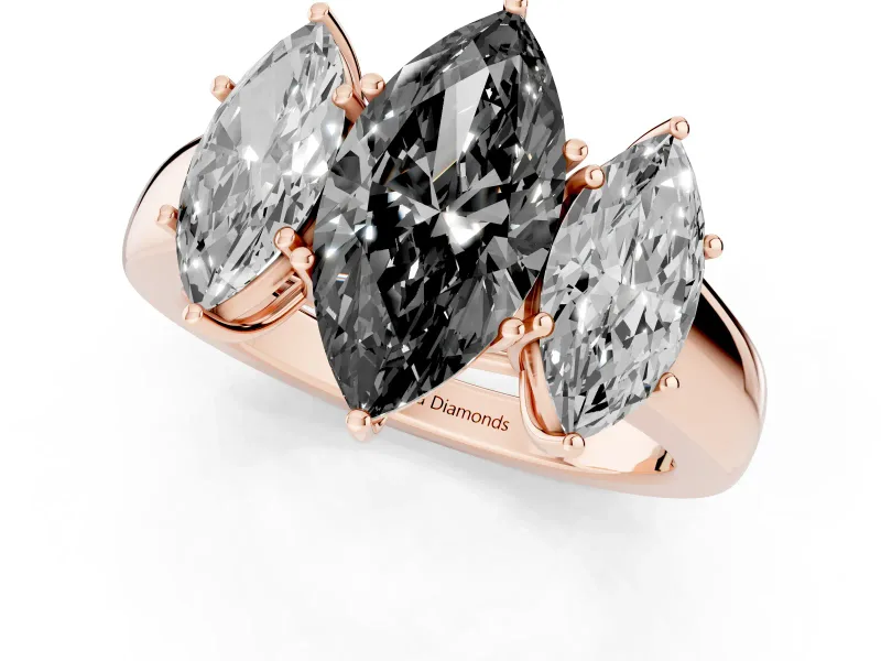Fancy Black Three-Stone Marquise Cut Diamond Ring Set in Rose gold with Matching Prong Settings and Plain Band