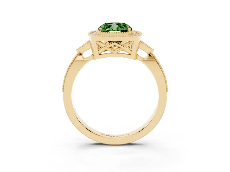 Fancy Green Cushion Cut Diamond Halo Engagement Ring Set in Yellow gold with Milgrain Pavé Band