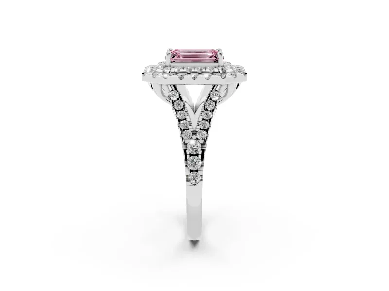 Emerald Cut Halo Split Shank Engagement Ring Setting for a Fancy Pink Lab-Grown Diamond | Pavé Strands | Platinum