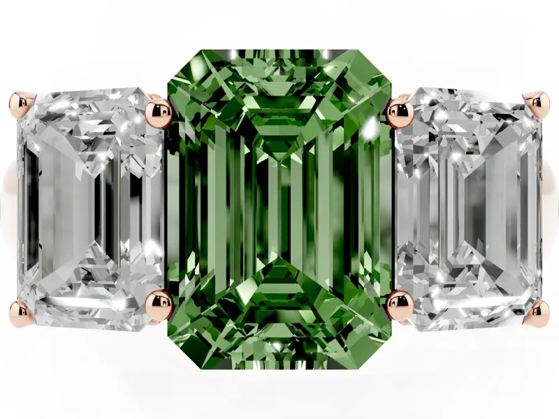 Emerald Cut Three Stone Engagement Ring Setting for a Fancy Green Lab-Grown Diamond | Basket Prong Heads | Rose Gold