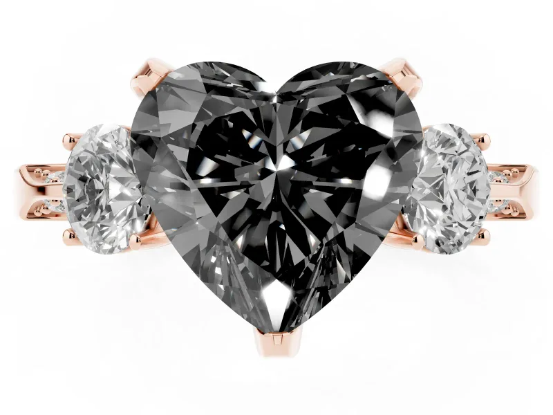 Heart-Shaped Hidden Halo Three Stone Engagement Ring Setting for a Black Center | Rose Gold