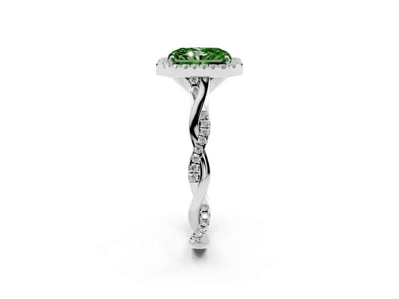 Radiant Cut Twist Halo Engagement Ring Setting for a Fancy Green Lab-Grown Diamond | Sterling Silver