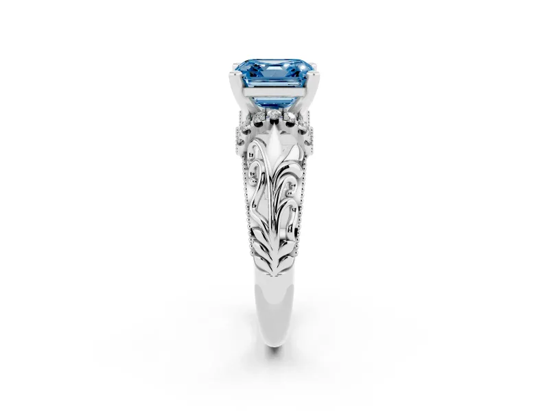 Fancy Blue Asscher Cut Diamond Filigree Halo Engagement Ring Set in White gold with Prong Setting
