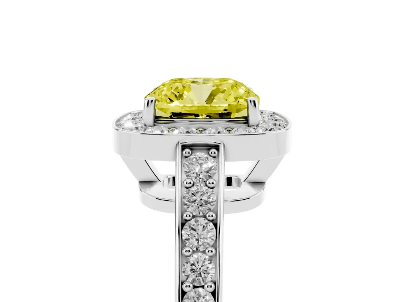 Fancy Yellow Cushion Cut Diamond Halo Pavé Engagement Ring Set in White gold with Bezel Setting