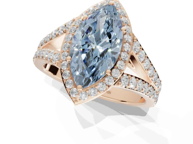Marquise Halo Pavé Engagement Ring Setting for a Fancy Blue Lab-Grown Diamond | Narrow Split Shank | Rose Gold
