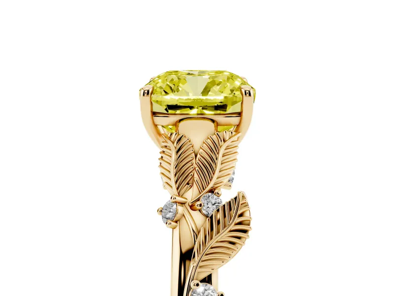 Cushion Cut Leaf Engagement Ring Setting for a Fancy Yellow Lab-Grown Diamond | Yellow Gold