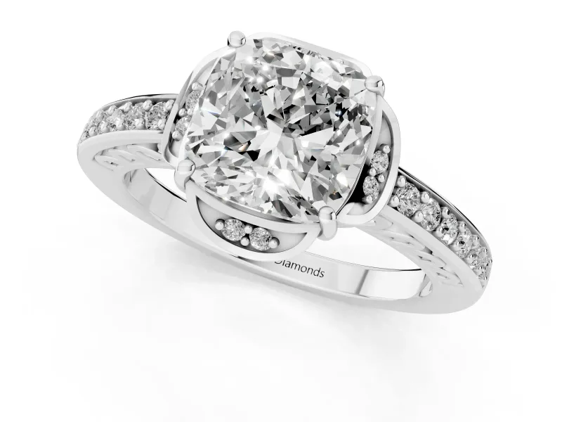 Cushion Cut Floral Pavé Engagement Ring Setting | Petal Accents | Sterling Silver