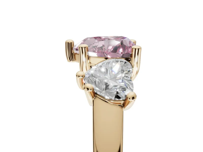 Heart-Shaped Three Stone Engagement Ring Setting for a Fancy Pink Lab-Grown Diamond | Tapered Band | Yellow Gold