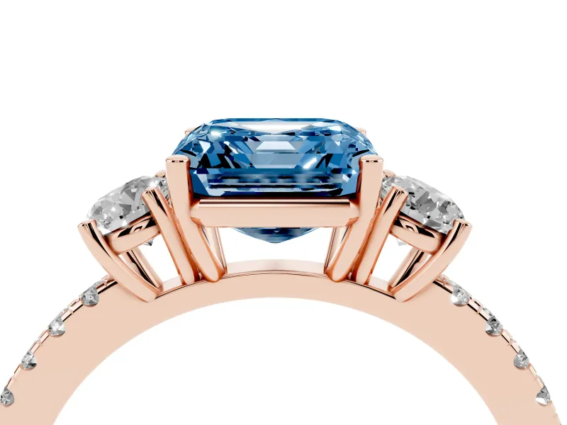 Asscher Cut Three Stone Engagement Ring Setting for a Fancy Blue Lab-Grown Diamond | Pave Shoulders | Rose Gold