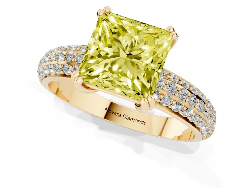 Princess Cut Three Row Pave Engagement Ring Setting for a Fancy Yellow Lab-Grown Diamond | Double Claws | Yellow Gold