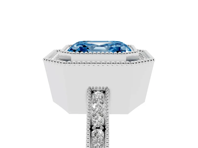 Fancy Blue Asscher Cut Diamond Halo Ring Set in Silver with Pavé Band and Milgrain-Edged Prongs
