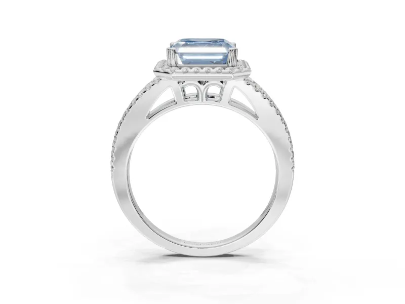 Asscher Cut Halo Split Shank Engagement Ring Setting for a Fancy Blue Lab-Grown Diamond | Pavé Shoulders | Platinum