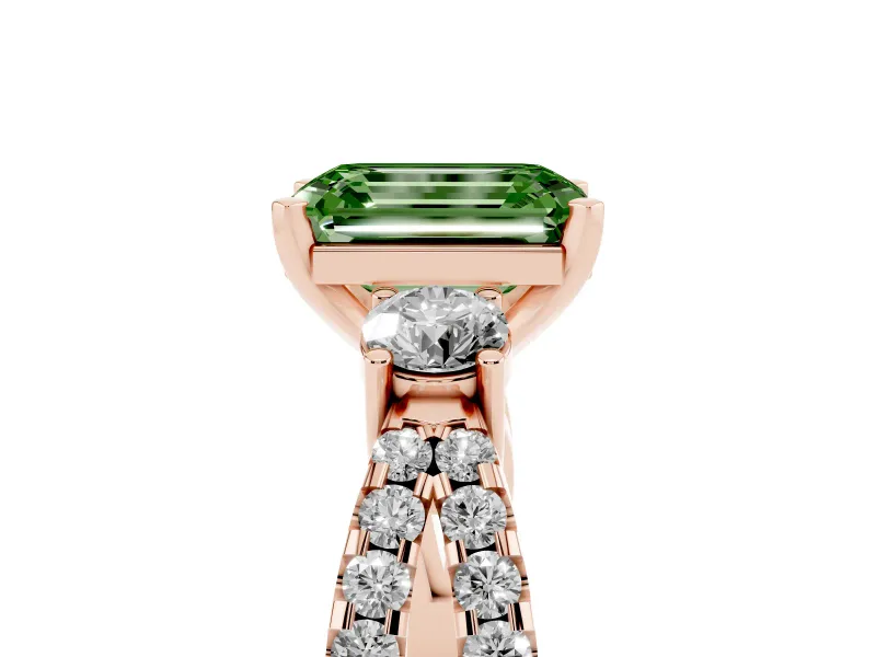 Fancy Green Emerald Cut Diamond Three-Stone Ring Set in Rose gold with Pavé Split Shank and Prong Setting