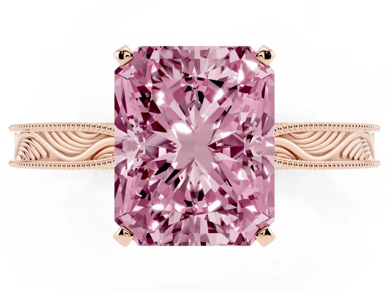 Fancy Pink Radiant Cut Diamond Solitaire Milgrain Engraved Band Set in Rose gold with Prong Setting