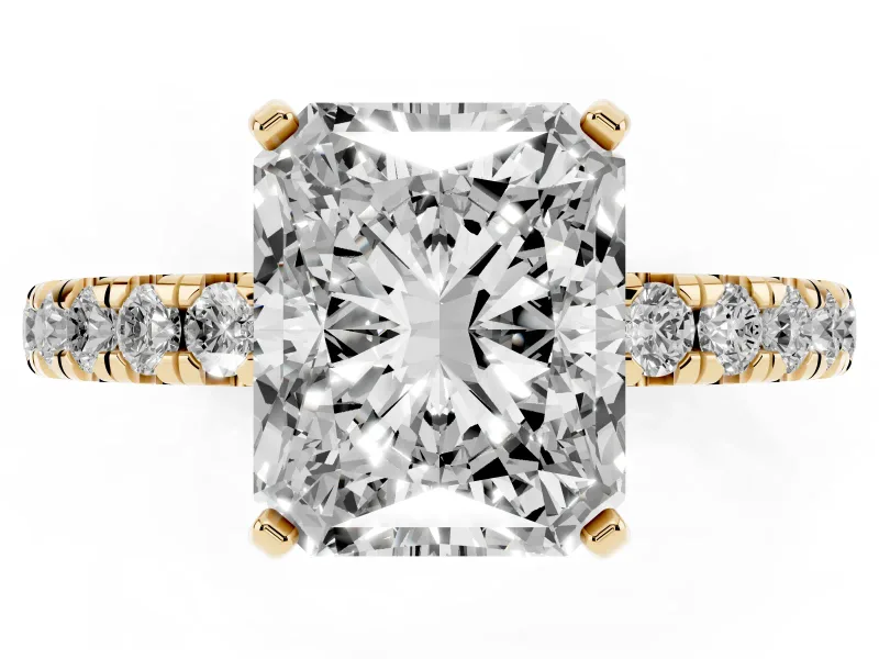 Radiant Cut Pavé Solitaire Engagement Ring Setting | Shared Prong Band | Yellow Gold