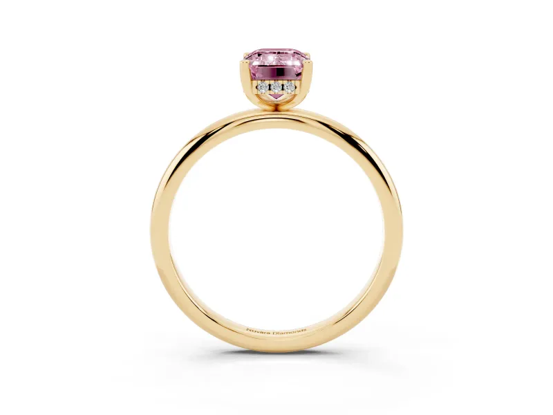 Fancy Pink Emerald Cut Diamond Solitaire Engagement Ring Set in Yellow gold with Prong Setting and Polished Band