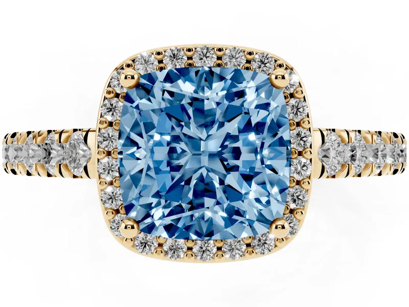 Fancy Blue Cushion Cut Diamond Halo Engagement Ring Set in Yellow gold with Pavé Band and Prong Setting