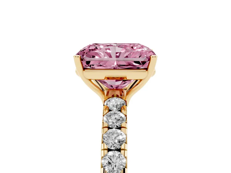 Radiant Cut Pave Solitaire Engagement Ring Setting for a Fancy Pink Lab-Grown Diamond | Shared Prong Band | Yellow Gold