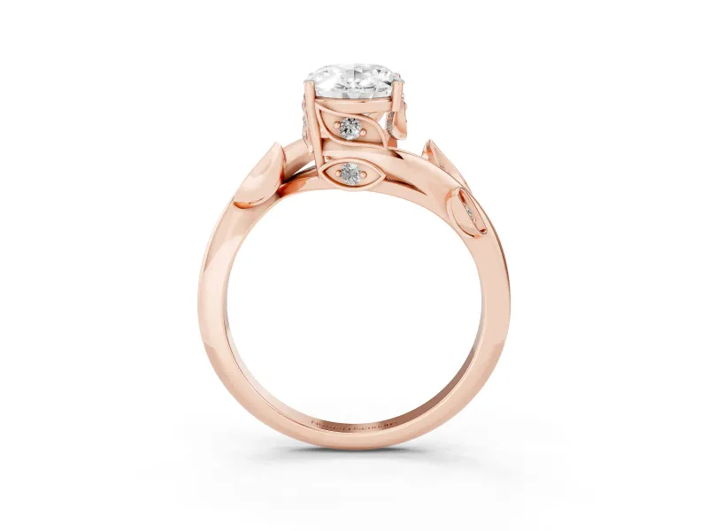 Oval Cut Diamond Solitaire Twist Engagement Ring Set in Rose gold with Pavé Leaf Accents